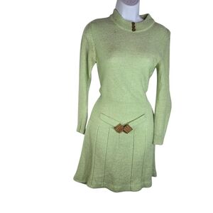 Vintage 70s Light Green Knit Sweater Dress, Mod GoGo Acrylic, Belted